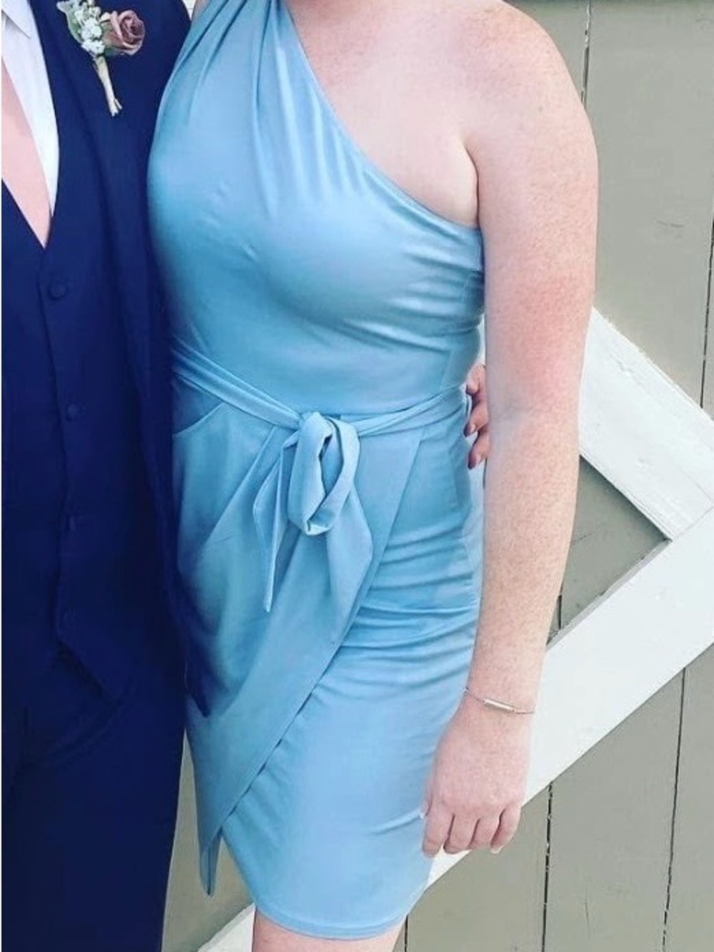 One-Shoulder Sky Blue Tie-Waist Dress